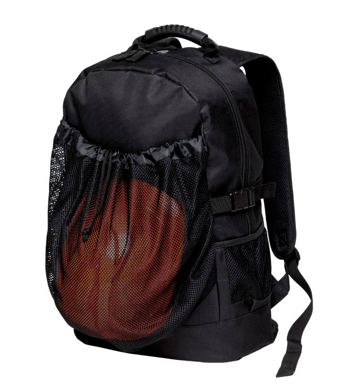 Versatile Basket Backpack made from durable 600D polyester, featuring a mesh front, padded straps, and ample storage for sports gear.