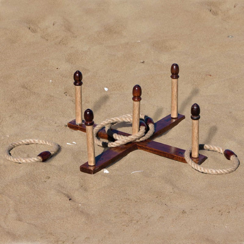 Backyard Quoits Set featuring interlocking wood boards, stakes, and durable rope rings in a stylish carry bag for outdoor fun.