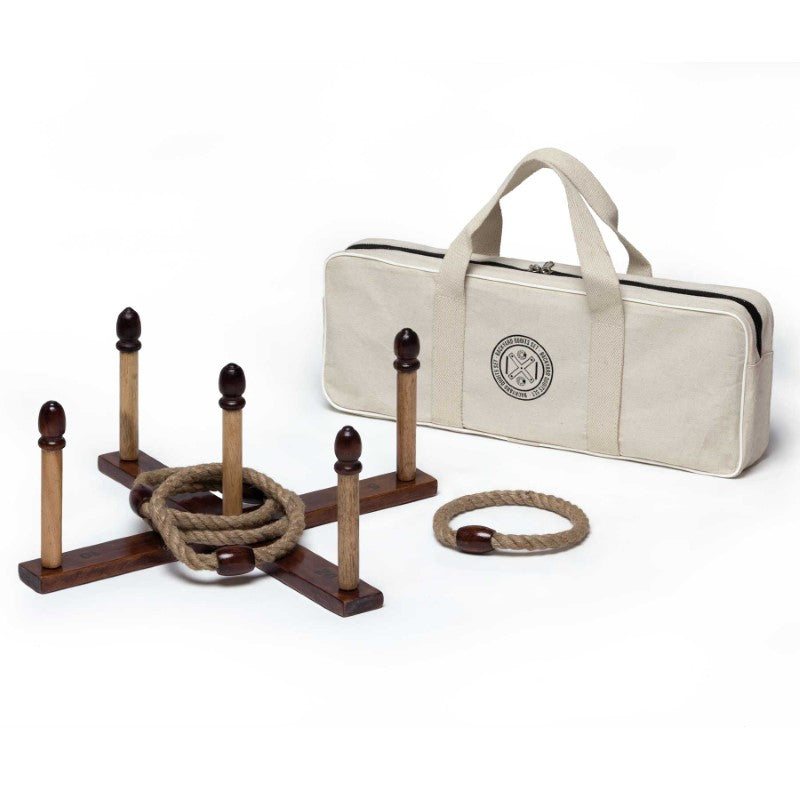 Vintage-inspired Backyard Quoits Set with wooden boards, stakes, and rope rings, perfect for outdoor family fun.