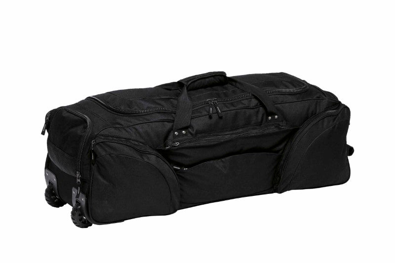 Durable 117L travel bag with oversized U-shaped opening, multiple compartments, and heavy-duty wheels for easy transport.