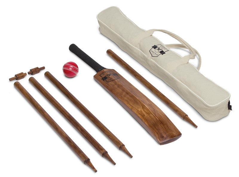 Vintage-inspired Backyard Cricket Set with wood grain bat, wickets, bails, ball, and carry bag for outdoor fun.