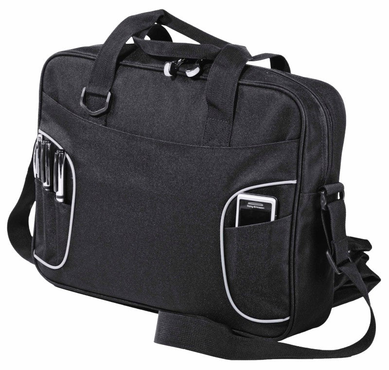 Durable laptop bag with padded compartment, pockets for accessories, adjustable strap, and reflective details for professionals.