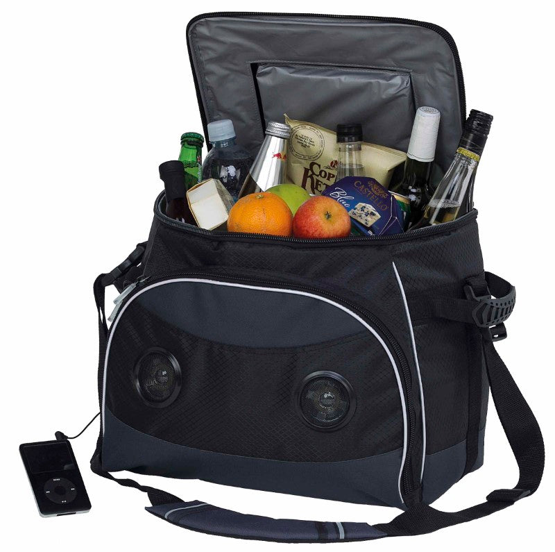 Durable insulated cooler bag with built-in speakers, perfect for festivals and outdoor gatherings, 31L capacity.