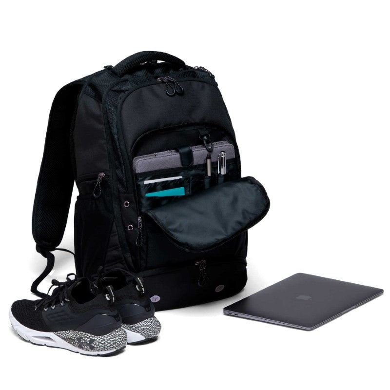 Durable Grid-Lock Backpack with multiple compartments, padded laptop sleeve, and ventilated shoe pocket for versatile use.