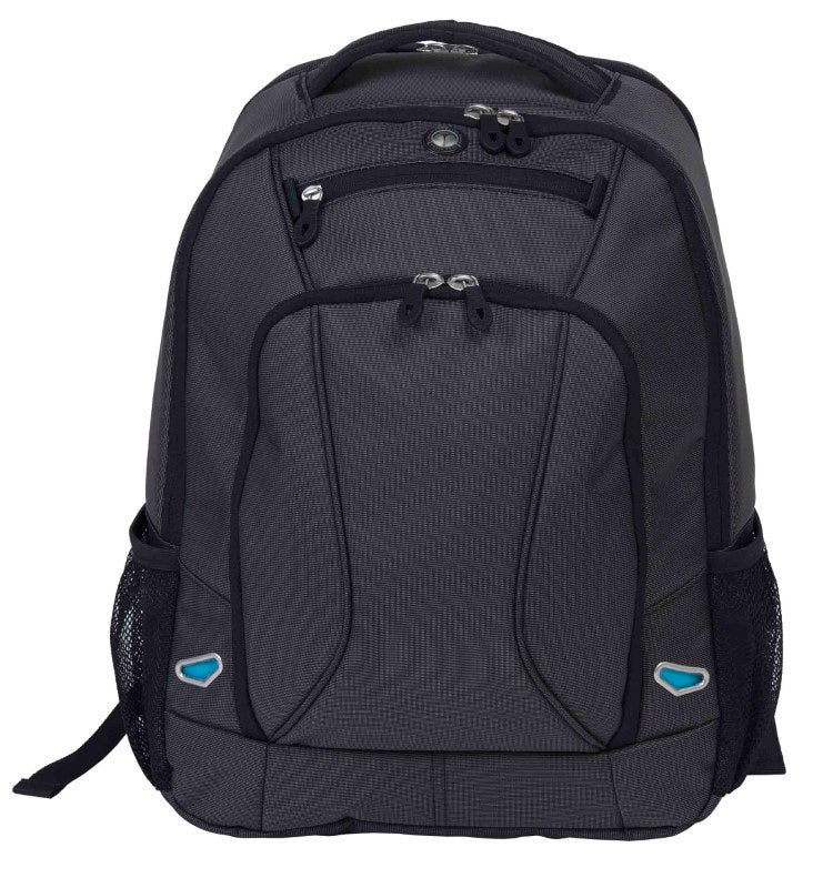 Identity Compu Backpack in two-tone durable nylon with laptop compartment, MP3 pocket, and mesh-backed straps for comfort.