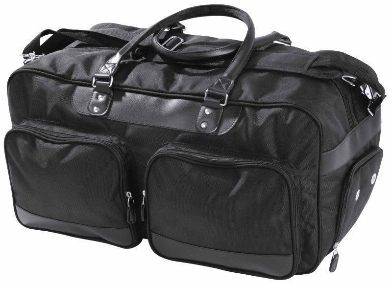 Milan Weekender Bag in durable ballistic polyester, featuring spacious compartments and stylish leatherette trim, ideal for travel.
