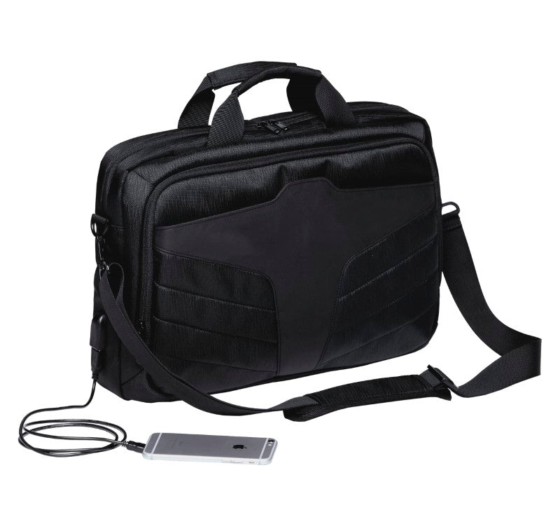Water-resistant Portal Brief Bag with USB port, padded compartments for laptops/tablets, and adjustable shoulder strap.