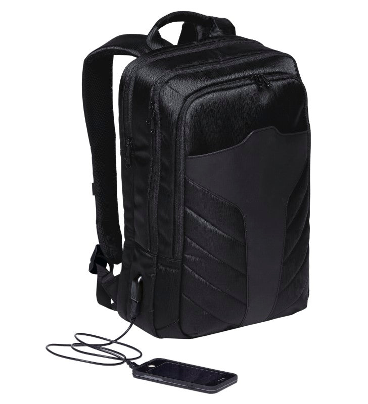 Stylish Portal Compu Backpack with padded compartments, USB charging port, and water-resistant fabric for tech travel.
