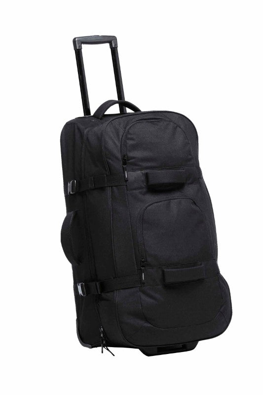 Spacious Terminal Travel Bag in heavy-duty polyester with multiple compartments, wheels, and a telescopic handle for easy transport.