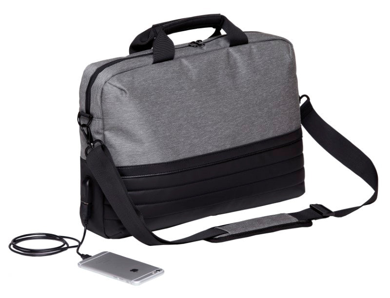 Sleek, water-resistant laptop bag with USB port, padded compartments for dual laptops, and detachable shoulder strap.