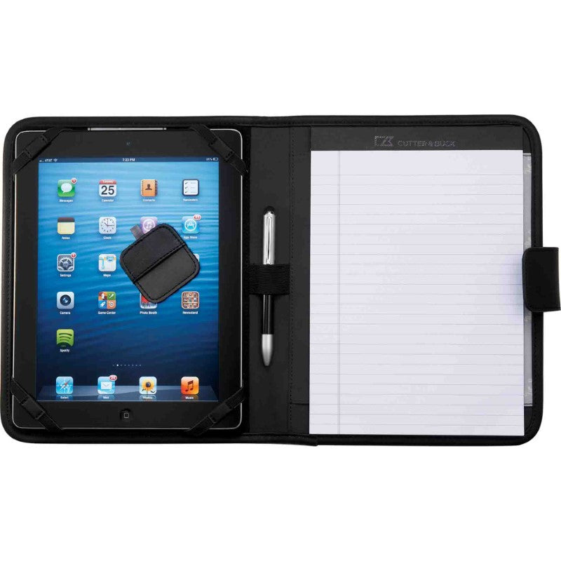 A5 Tech Pad Folder featuring herringbone twill, leather accents, tablet holder, and magnetic closure for professionals on-the-go.