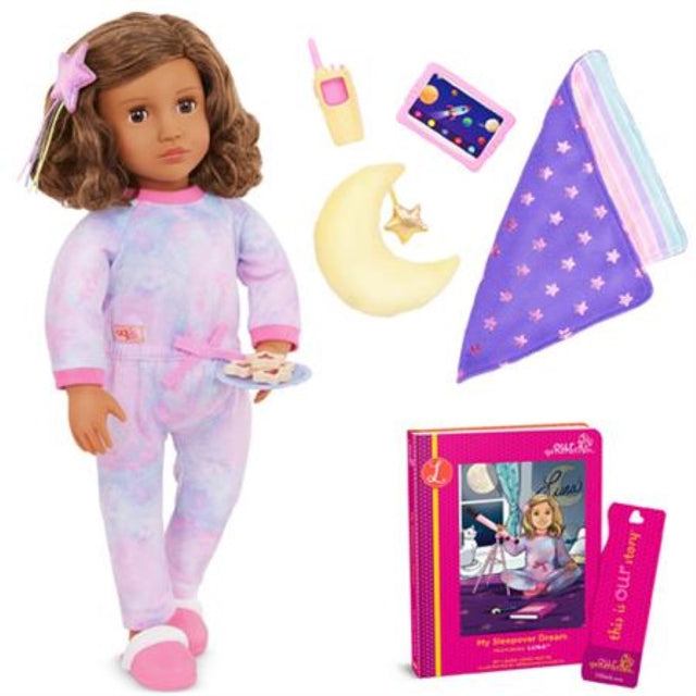 Our Generation Deluxe Pajama Doll Luna in cozy pajamas with accessories, blanket, book, cookies, and walkie-talkie for imaginative play.