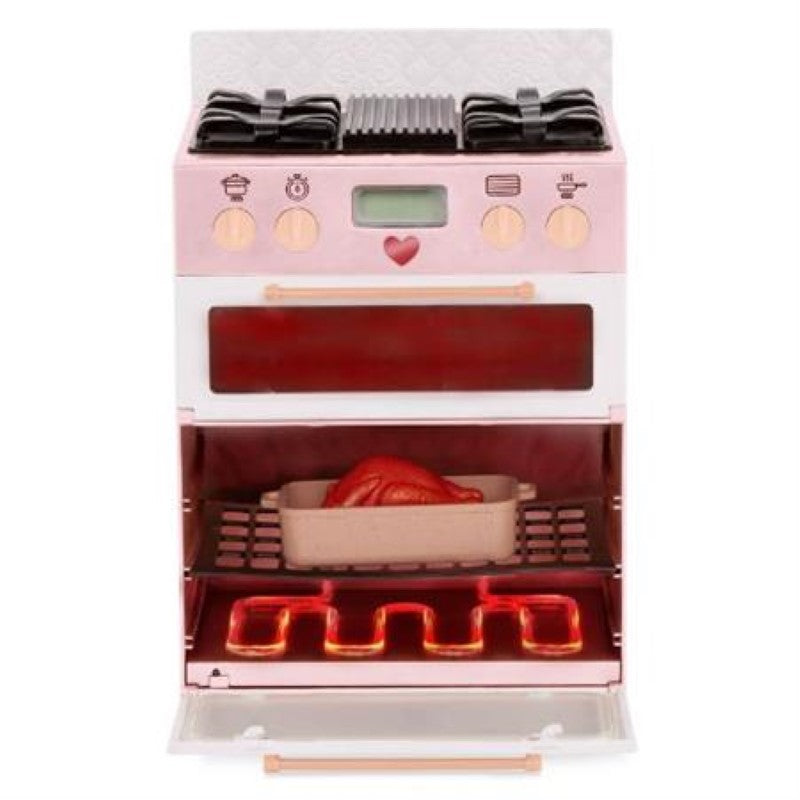 Our Generation Stove Set: a play kitchen with lights, sounds, pizza, turkey, and cooking tools for imaginative doll adventures.