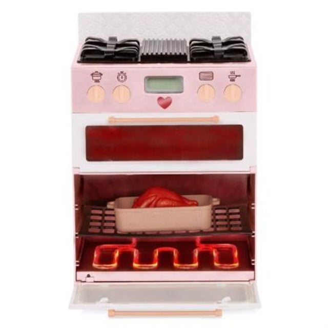 Our Generation Stove Set: a play kitchen with lights, sounds, pizza, turkey, and cooking tools for imaginative doll adventures.
