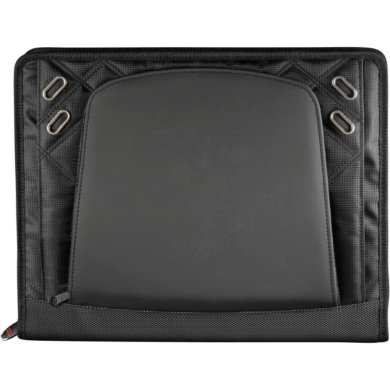 Sleek black zippered padfolio with tablet holder, card slots, and writing pad, ideal for professionals on-the-go.