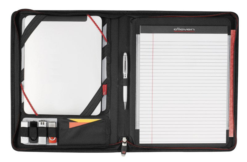 Sleek black zippered padfolio with tablet holder, document pockets, and pen loop, perfect for professional organization.