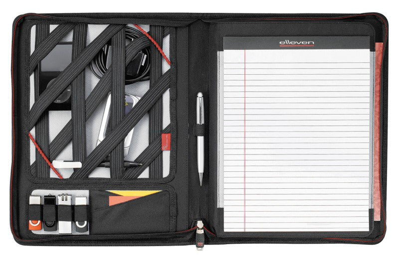 Elleven Large Zippered Padfolio in sleek black, featuring premium materials, tablet holder, and organized storage for documents and essentials.