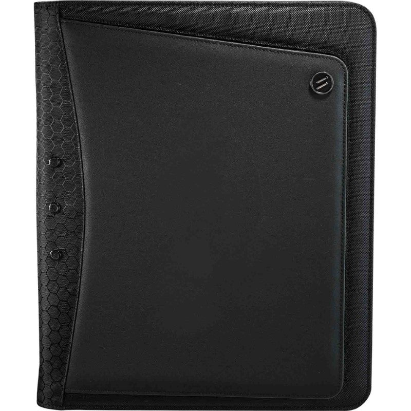 Stylish zippered padfolio in textured Ultrahyde, with tech trap, business card holders, and lined writing pad for professionals.