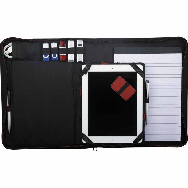 Textured zippered padfolio with tech trap, card holders, and pen loops for stylish organization and professional use.