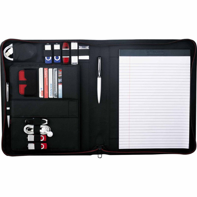 Compendium - Elleven Vapor Zippered Padfolio featuring textured Ultrahyde, zippered closure, and easel stand for devices.