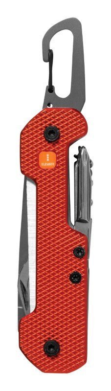 Compact Elevate Haiduk 13-function pocket knife with textured grip, versatile tools, and elegant gift box, perfect for outdoor use.