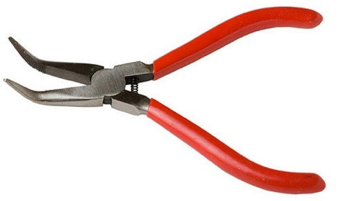 Curved nose pliers with carbon steel, cushioned grip, and spring-loaded design for precise cutting and bending tasks.