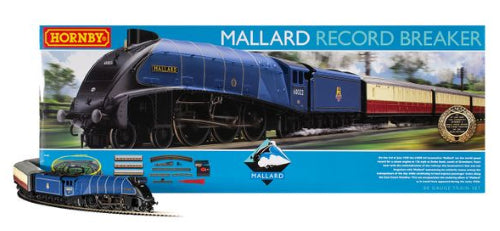 Hornby Mallard RecordBreaker Train Set featuring detailed model of the iconic LNER A4 locomotive in a vintage railway design.