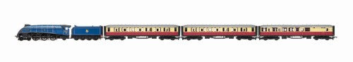 Hornby Mallard RecordBreaker Train Set featuring detailed A4 locomotive model, realistic coaches, and tracks for collectors and enthusiasts.