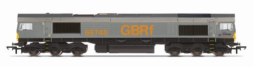 Hornby GBRf Class 66 Co-Co 66748 model locomotive in vibrant blue and orange livery, perfect for collectors and model railways.