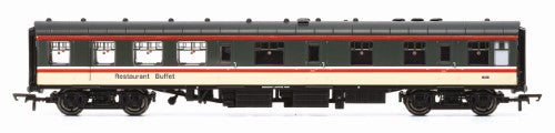 Hornby BR Intercity Mk1 RBR 1646 model, a detailed buffet coach with kitchen, counter, and 23 passenger seats, ideal for OO gauge layouts.