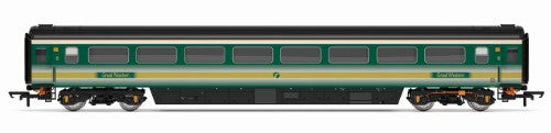 Hornby FGW Mk3 Trailer Standard 41196 model, featuring detailed design and vibrant livery reminiscent of 1970s high-speed trains.