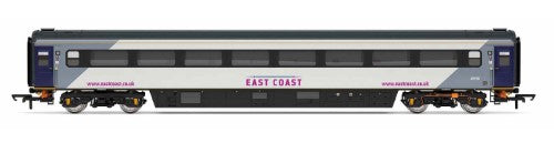 Hornby East Coast Mk3 Trailer model, showcasing detailed design, aerodynamic skirting, and advanced air suspension for model railways.