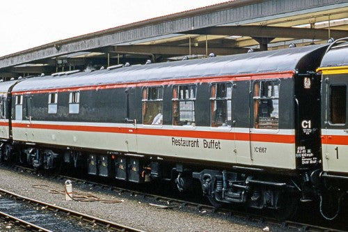 Hornby BR Intercity Mk1 RB model train car featuring a buffet layout, detailed interiors, and historical catering design.