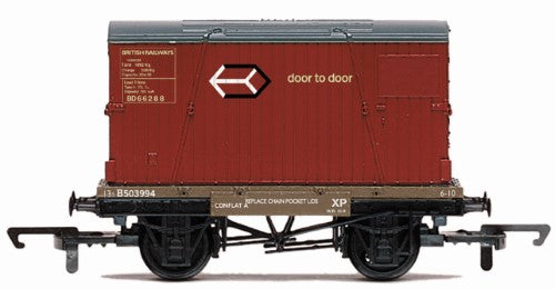 Hornby BR Conflat A model wagon, Era 4, designed for carrying type 'B' or two type 'A' containers, perfect for railway enthusiasts.