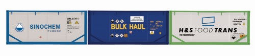 Hornby Sinochem Bulk Haul tank containers set featuring three 20' tanktainers for realistic model railway cargo scenes.