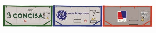 Hornby Concisa TIP & Hoyer Container Pack featuring 3 detailed 20' tanktainers designed for model railway enthusiasts.