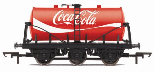Hornby Coca-Cola 6 Wheel Tank Wagon model with vibrant branding, ideal for enhancing train sets and collections.