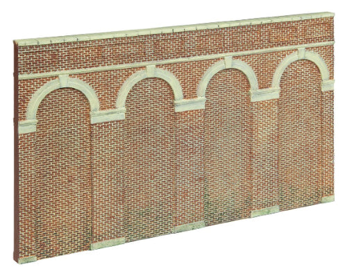 Hornby High Level Arched Retaining Walls in red brick, ideal for enhancing model railway cuttings and embankments.
