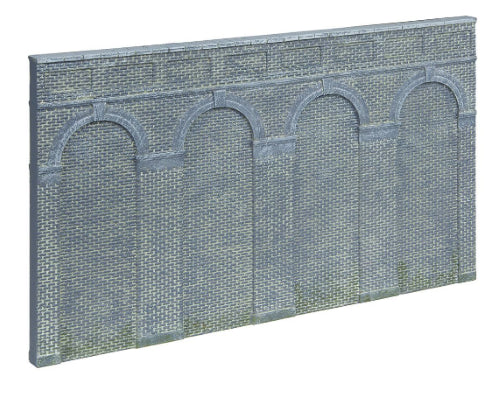 Hornby High Level Arched Retaining Walls in blue brick, perfect for adding realism to model railway embankments and cuttings.
