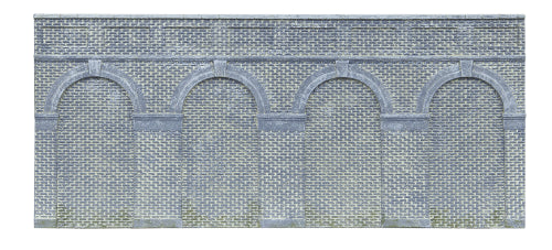 Mid level arched retaining wall set in engineers blue brick, designed for realistic model railway scenery.