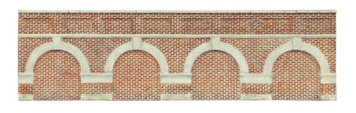 Red brick low level arched retaining walls pack for model railways, enhancing realism in dioramas and layouts.