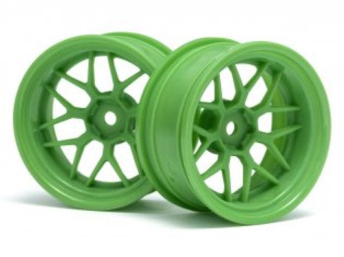 Vibrant green 1/10 RC wheels with +9mm offset for enhanced stability and performance, perfect for off-road racing.