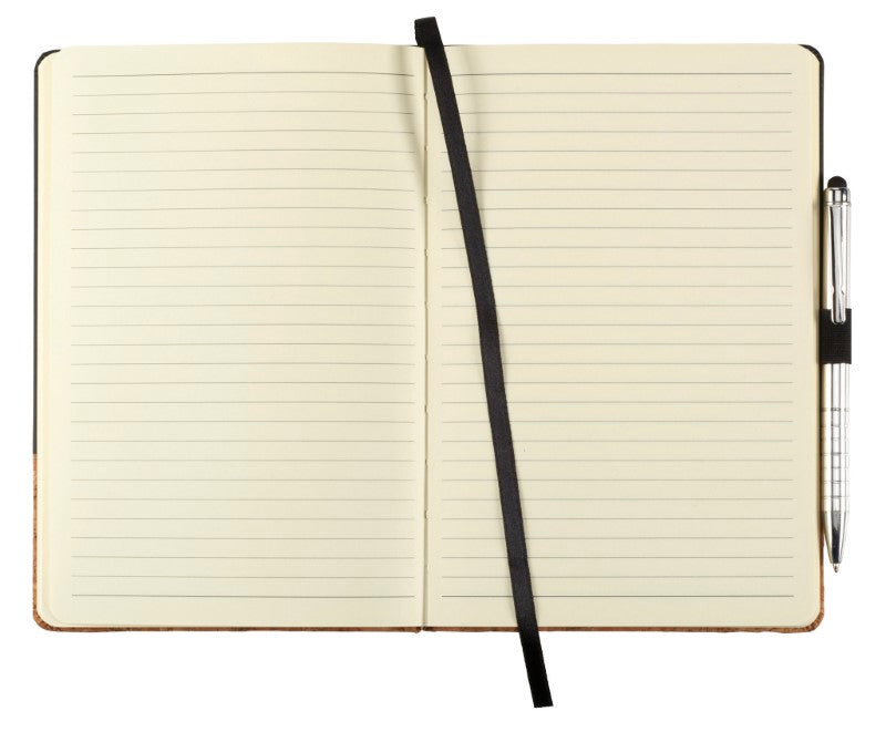 Elegant black Lucca Hard Bound JournalBook with cork look band, elastic closure, pen loop, and 80 lined pages for versatile use.
