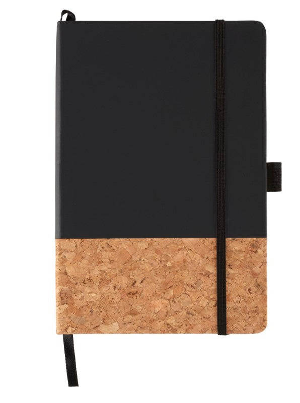 Lucca Hard Bound JournalBook features a sleek black PU cover, cork band, elastic closure, and 80 lined sheets for versatile writing.