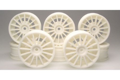 Eight 24mm white replacement wheels by Kyosho, designed for RC cars, enhancing traction and style.