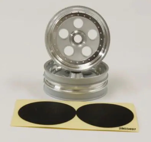 Satin chrome Kyosho Tmhwk FR rims, durable upgrade for Tomahawk RC vehicles, enhancing performance and style.