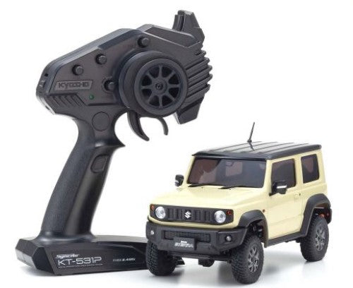 Ivory Suzuki Jimny RC crawler with detailed body, 4x4 chassis, and advanced suspension, perfect for off-road adventures.