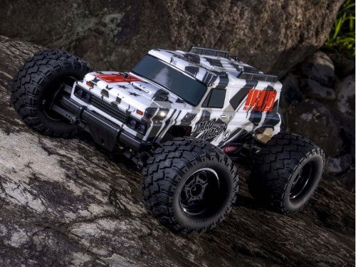 Black radio control monster truck with stylish van body, 75 km/h speed, 1/10 scale, 4WD, and robust aluminum chassis.