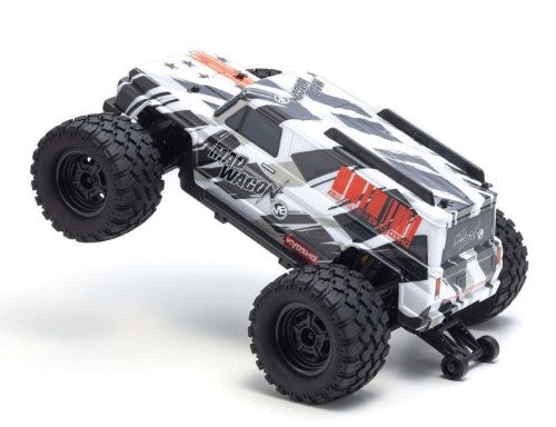 Black radio control monster truck with 75 km/h speed, 4WD chassis, and unique van body for all-terrain adventure.