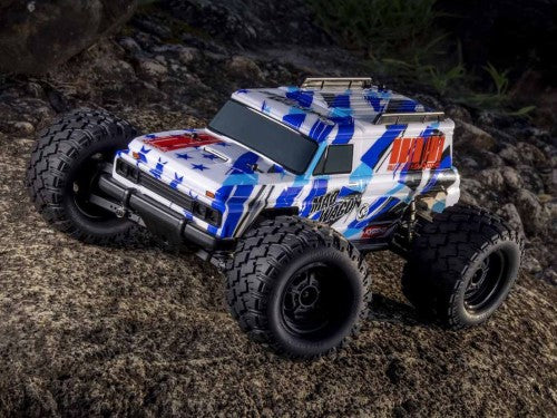 Radio control monster truck with a blue 1980s van body, 4WD chassis, and 75 km/h speed for thrilling off-road adventures.